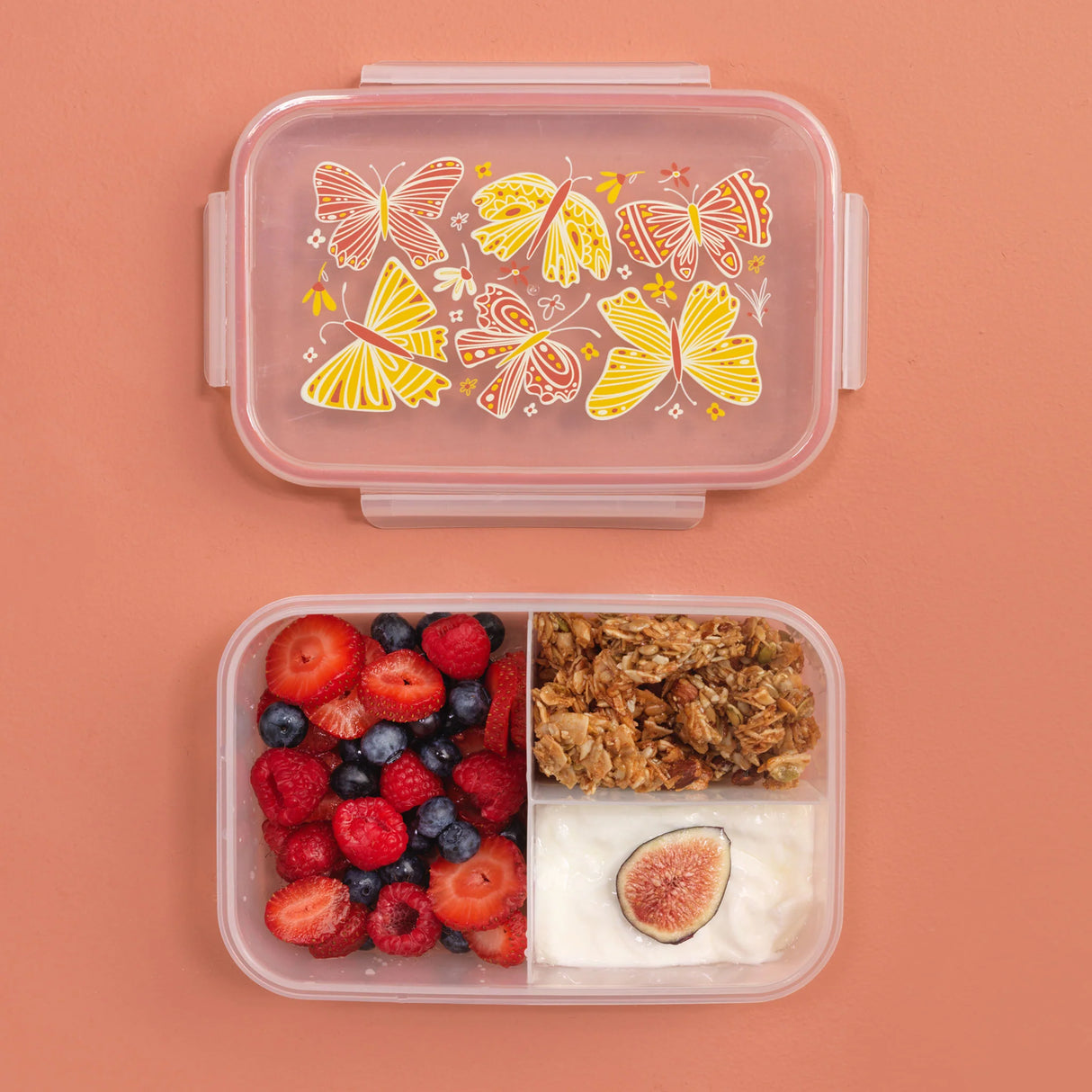 Good Lunch Bento Box | Boho Butterfly with three compartments, boho butterfly design lid, filled with fruit, granola, and yogurt