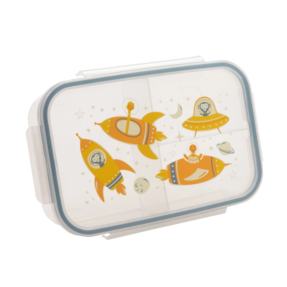 Good Lunch Bento Box | Zoom! with zoo animals in space on a divided, airtight, microwavable lunch container.