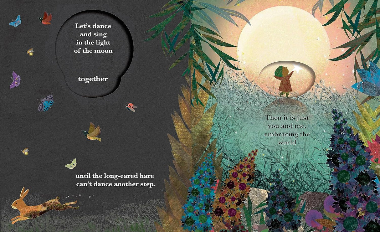 A moonlit scene from A Happy Place showing a hare and butterflies dancing in a magical forest under a glowing moon.