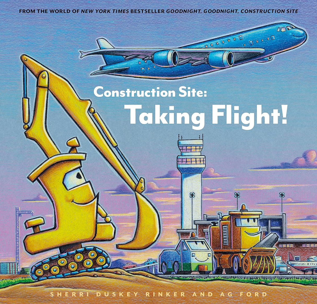 Construction Site: Taking Flight! book cover with animated construction vehicles and an airplane flying over an airport at sunset.