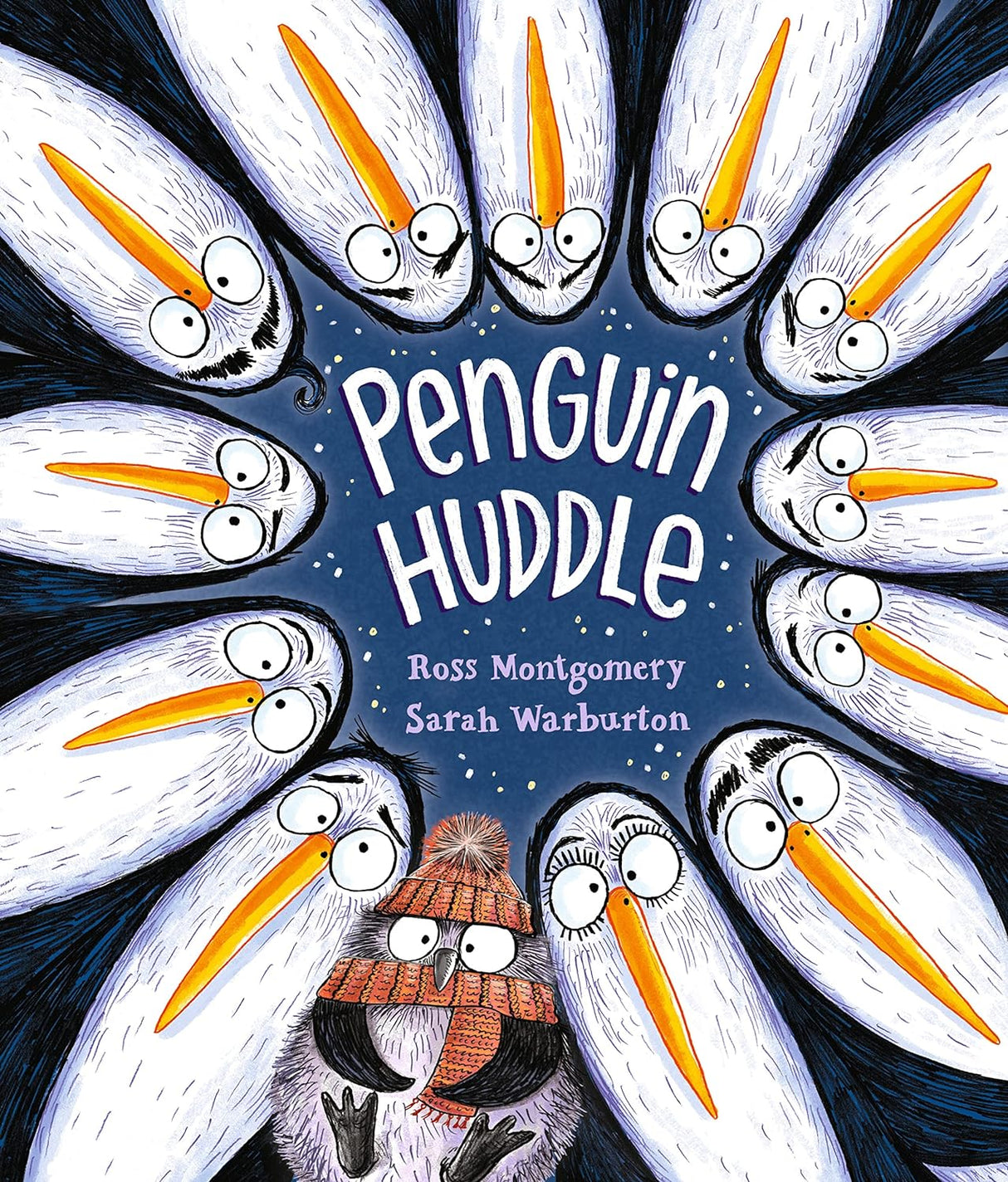 Cover of Penguin Huddle children's book showing a circle of curious penguins looking inward.