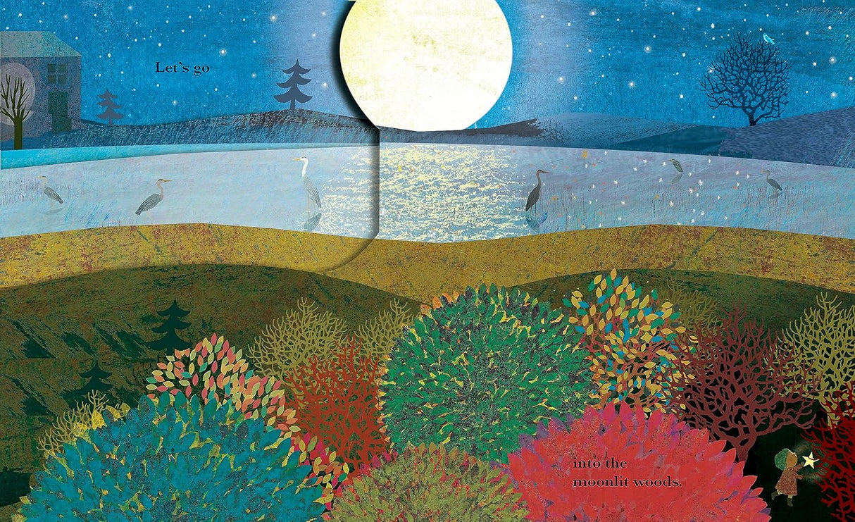 A colorful illustration from A Happy Place showing a moonlit landscape with animals and trees under a glowing full moon.