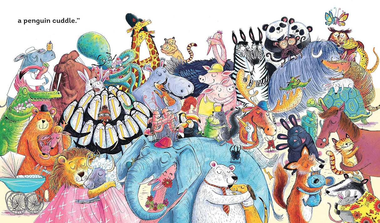 Penguin Huddle showing a colorful animal crowd in a whimsical, playful cuddle scene from the children's book.