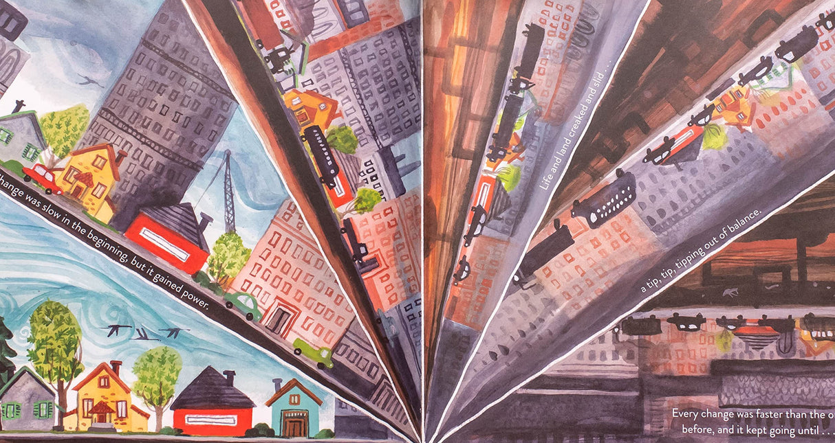 Illustration from Little Land showing a cityscape with houses, buildings, and roads blending with nature and water.