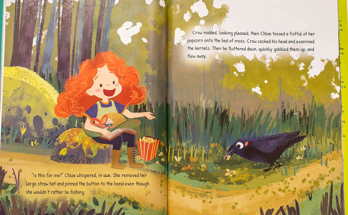 Illustration from My Little Thief showing Chloe offering popcorn to a friendly crow in a colorful forest setting.