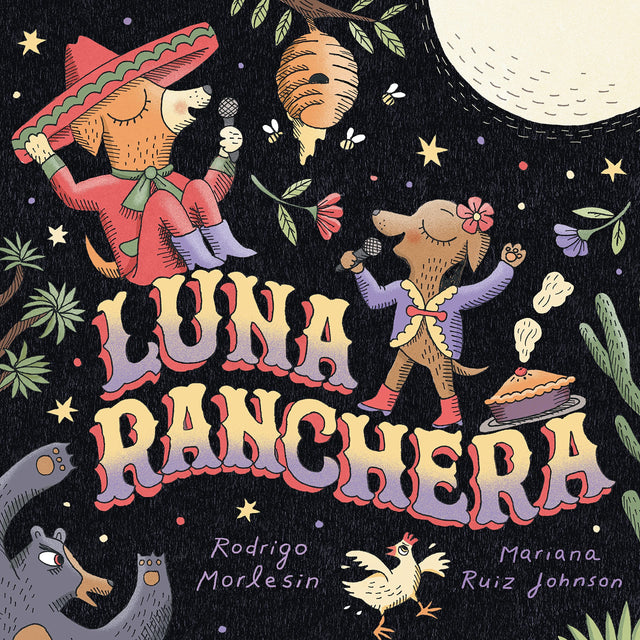 Illustration of two singing dogs under a full moon with desert plants and animals, featuring Luna Ranchera title.