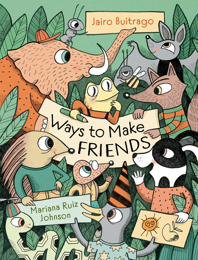 Cover of the book Ways to Make Friends showing whimsical animal characters holding signs and interacting in a forest.