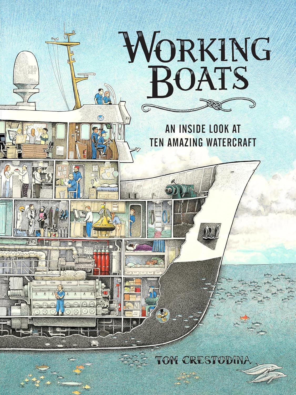 Working Boats book cover showing detailed cross section of a large working watercraft with crew inside.
