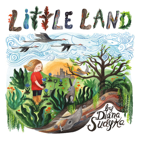 Little Land book cover with a child, animals, plants, and nature elements celebrating the connection to the land.