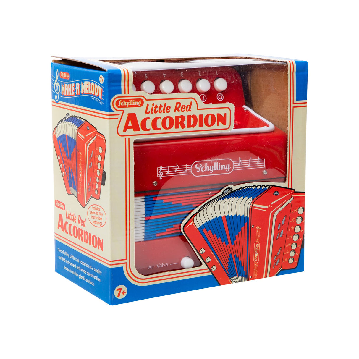 Little Red Accordian with wood construction, plastic coating, and included songbook for ages 7 and up.
