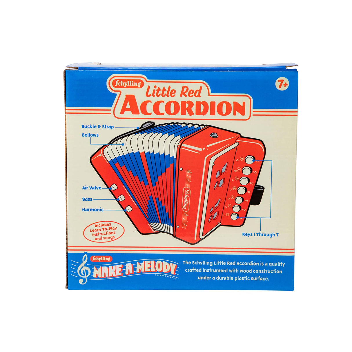 Box packaging for the Accordian showing a red and blue finely crafted wood and plastic coated instrument.