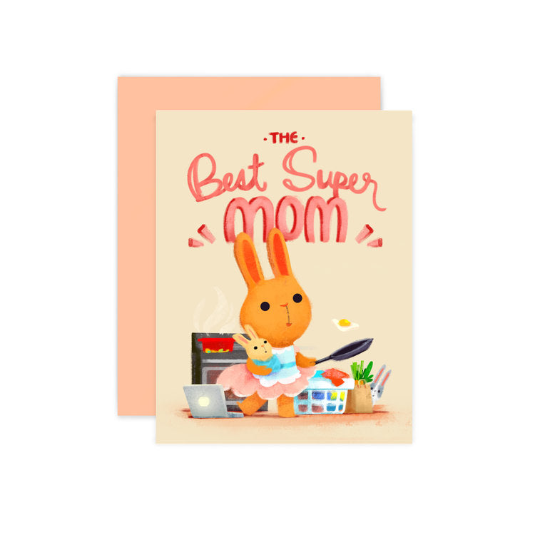 Best Super Mom Card featuring a cute bunny mom multitasking with cooking, laundry, and baby bunny in a warm design.