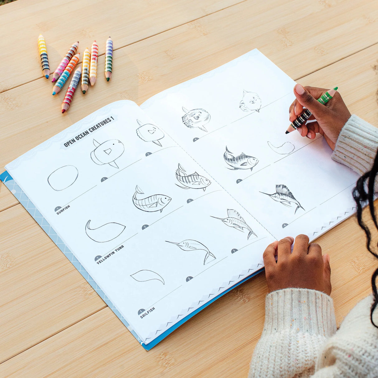Learn to Draw | Under the Sea showing step-by-step drawing of open ocean creatures in a drawing instruction book.
