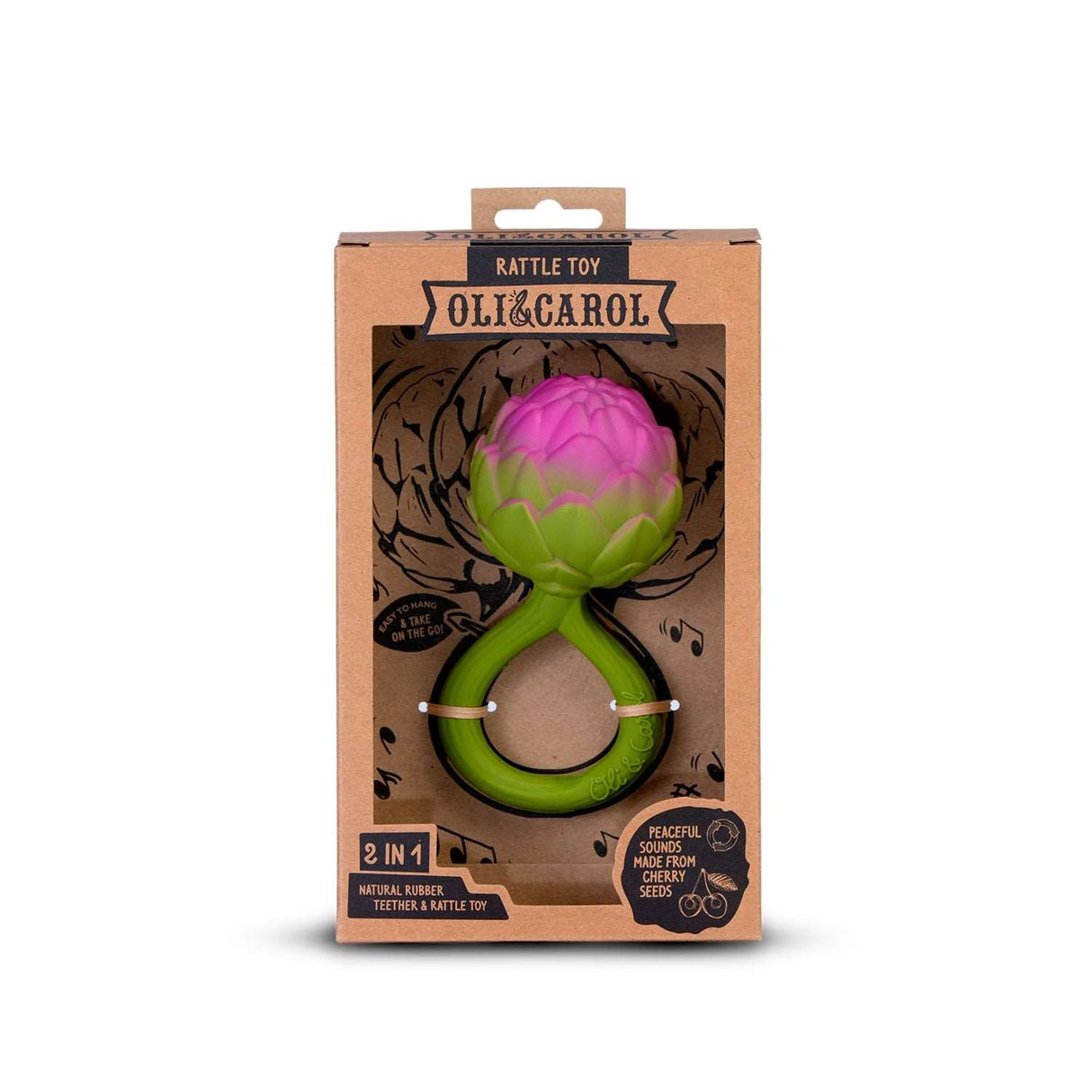 Rattle Toy | Artichoke in eco-friendly packaging with natural rubber teether and calming cherry seed rattle sound.