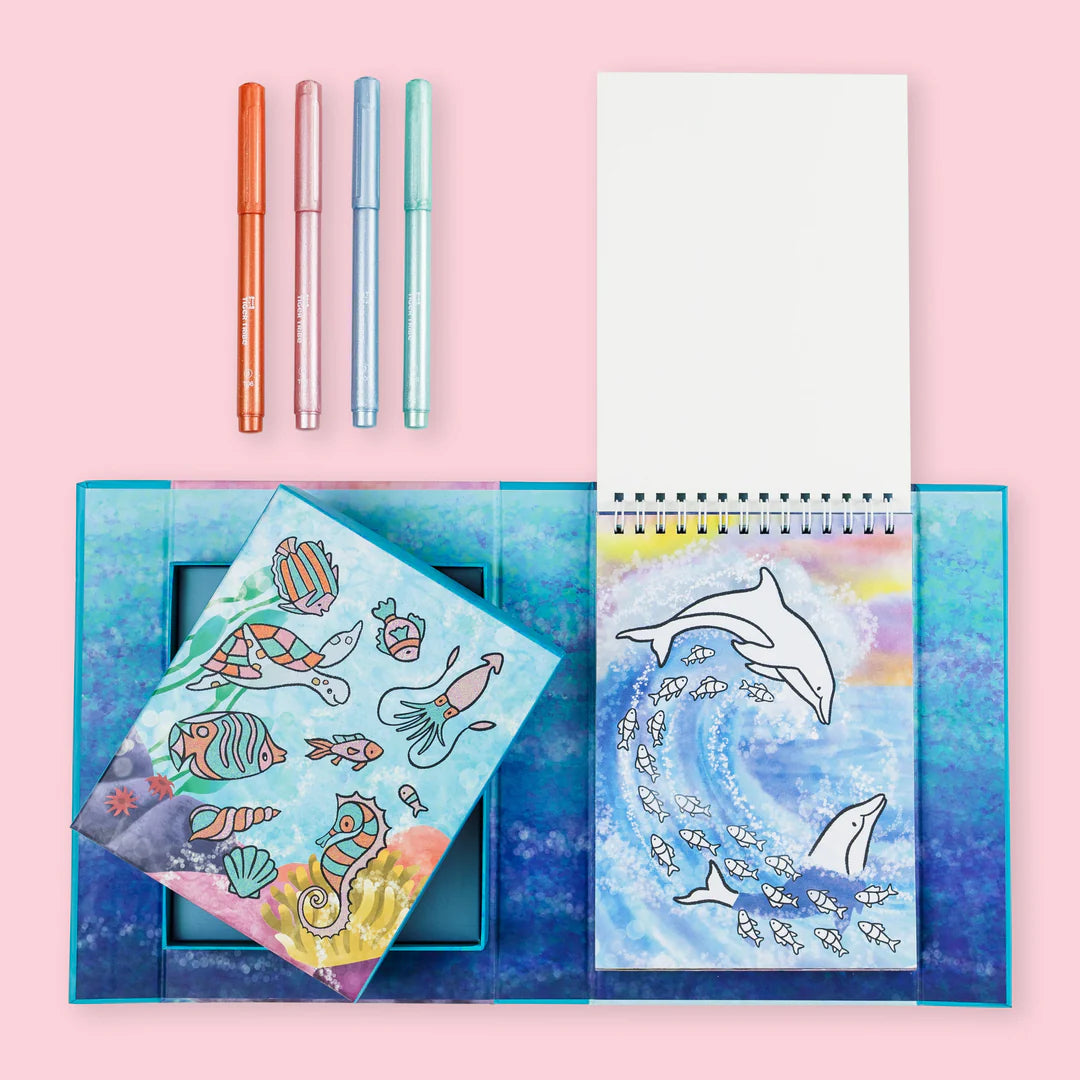 Sea life coloring set with markers and illustrated pages for creative, mess-free activity during travel or quiet time.