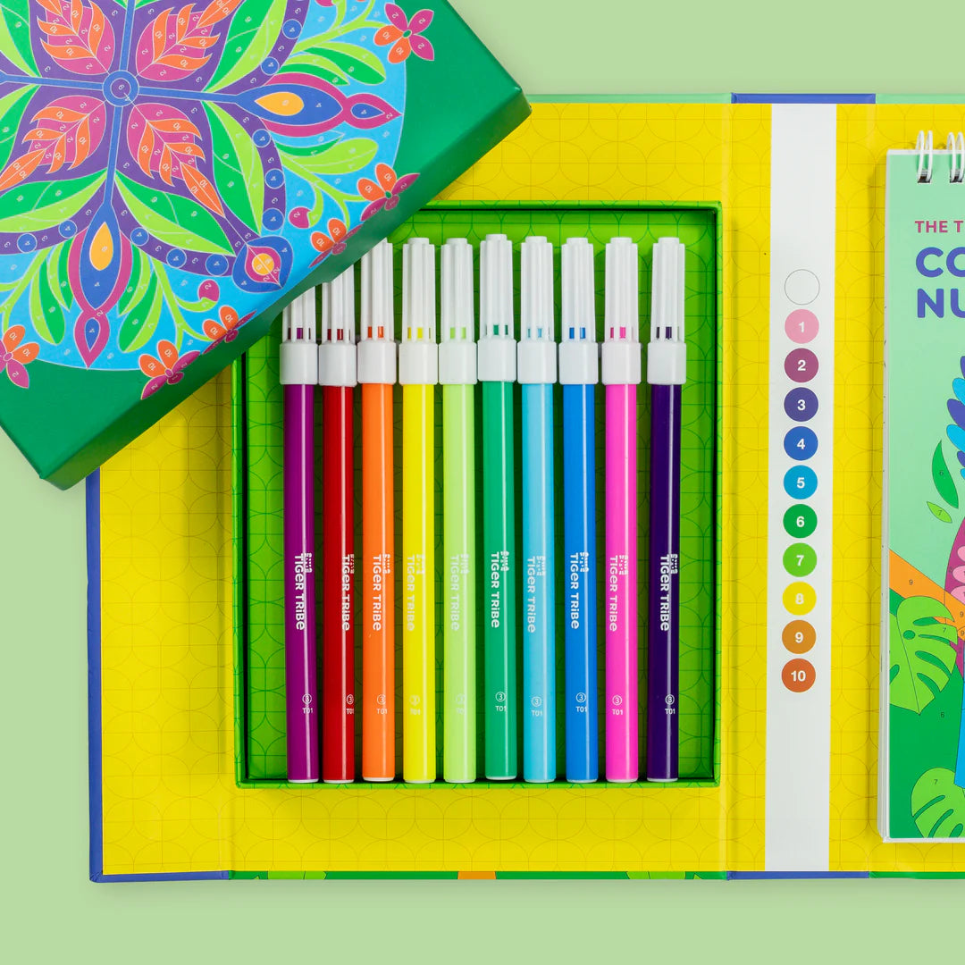 Color by Number | The Tropics kit with colorful markers and tropical-themed coloring pages for kids aged 7-10 years.