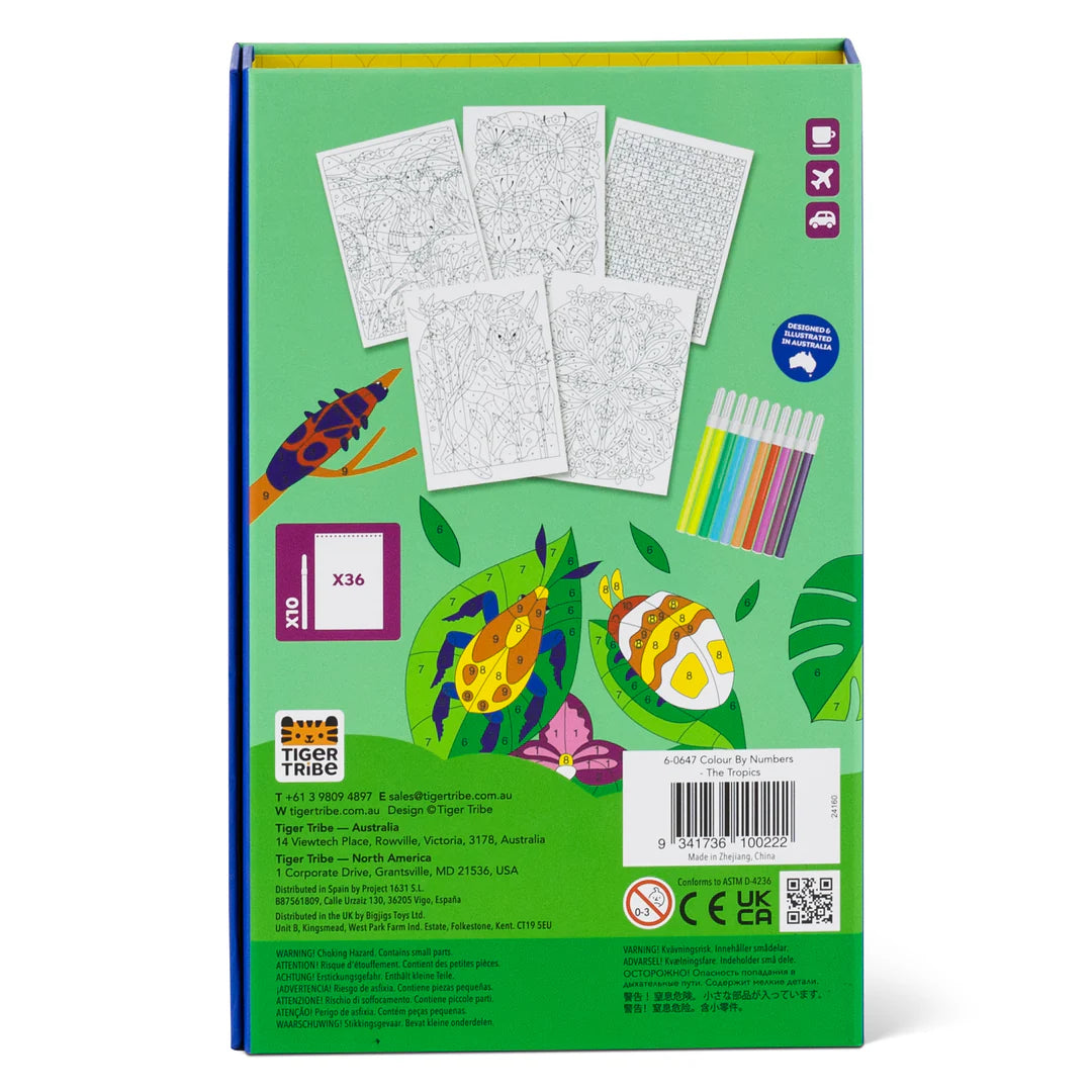 Color by Number | The Tropics set packaging showing tropical designs, markers, and coloring pages for kids ages 7-10.