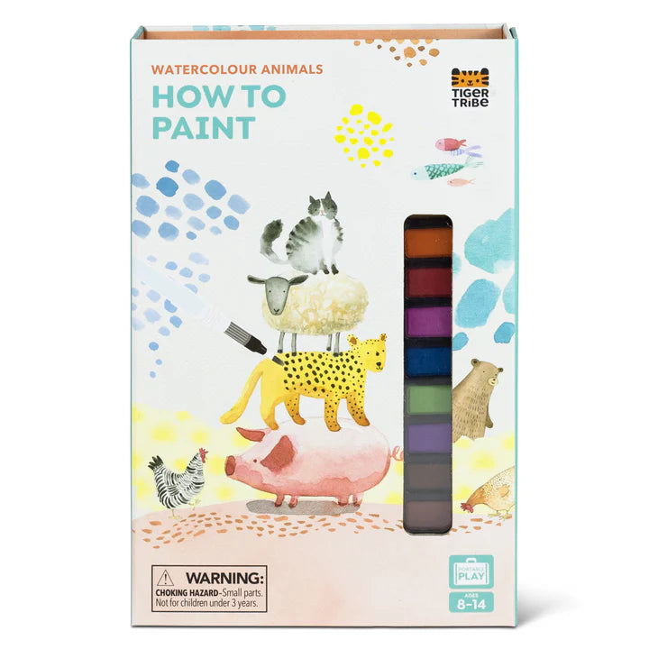 How to Paint | Watercolor Animals set with animal illustrations and 12 rich pigment watercolors in a storage box
