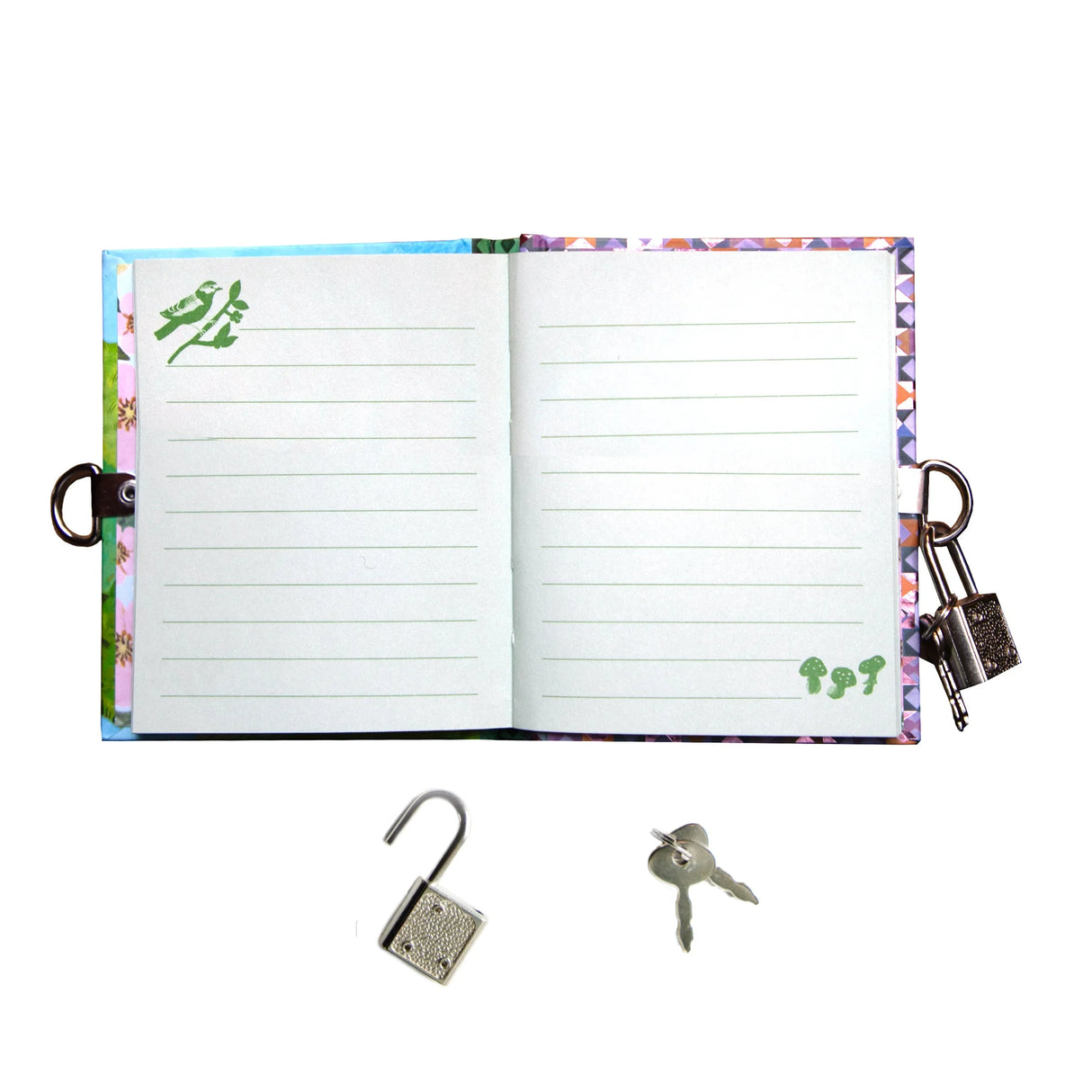 Very Small Journal | Gemma open showing lined pages, metal lock, and two keys with fairy-themed illustrations.