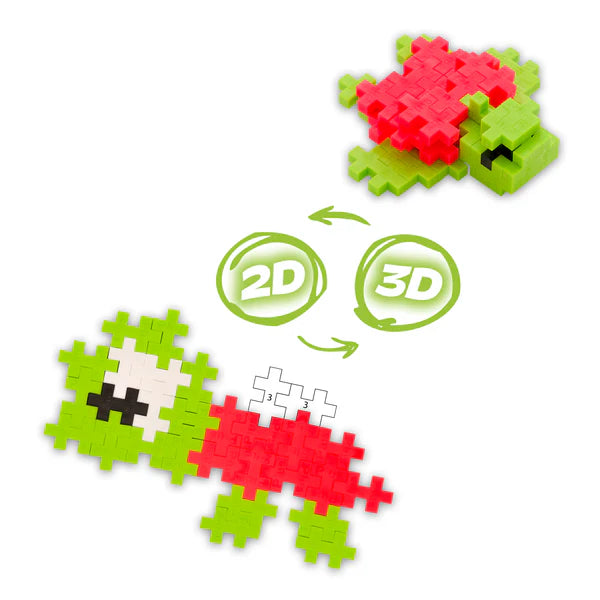 Plus Plus Activity Pad Ocean showing 2D and 3D sea turtle designs made with colorful interlocking pieces.