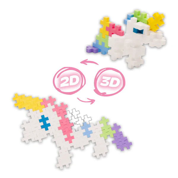 Plus Plus Activity Pad Fairy Tale showing 2D and 3D unicorn builds using colorful puzzle pieces.