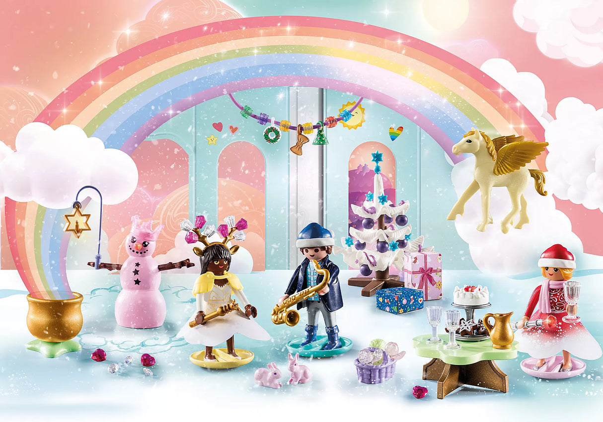 PLAYMOBIL Advent Calendar Christmas Under the Rainbow with princesses, prince, golden Pegasus, Christmas tree, and festive gifts.