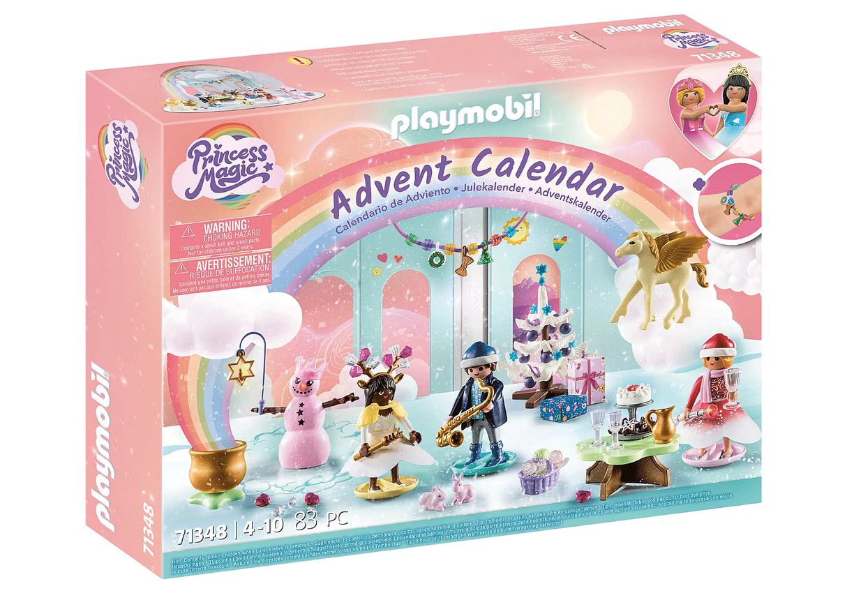 PLAYMOBIL Advent Calendar Christmas Under the Rainbow with princesses, Pegasus, Christmas tree, and festive accessories.
