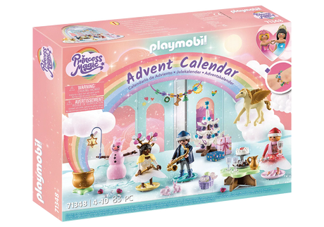 PLAYMOBIL Advent Calendar Christmas Under the Rainbow with princesses, Pegasus, Christmas tree, and festive accessories.