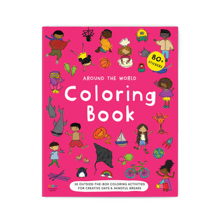 Front cover of Around the World Coloring Book. Features bright cartoon illustrations of kids and objects. Text at the bottom reads "30 outside-the-box coloring activities for creative days & mindful breaks".