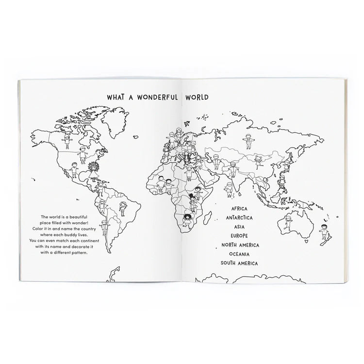 Open page of a coloring book featuring a black and white illustration of a world map. Text at the top reads "What a wonderful world".