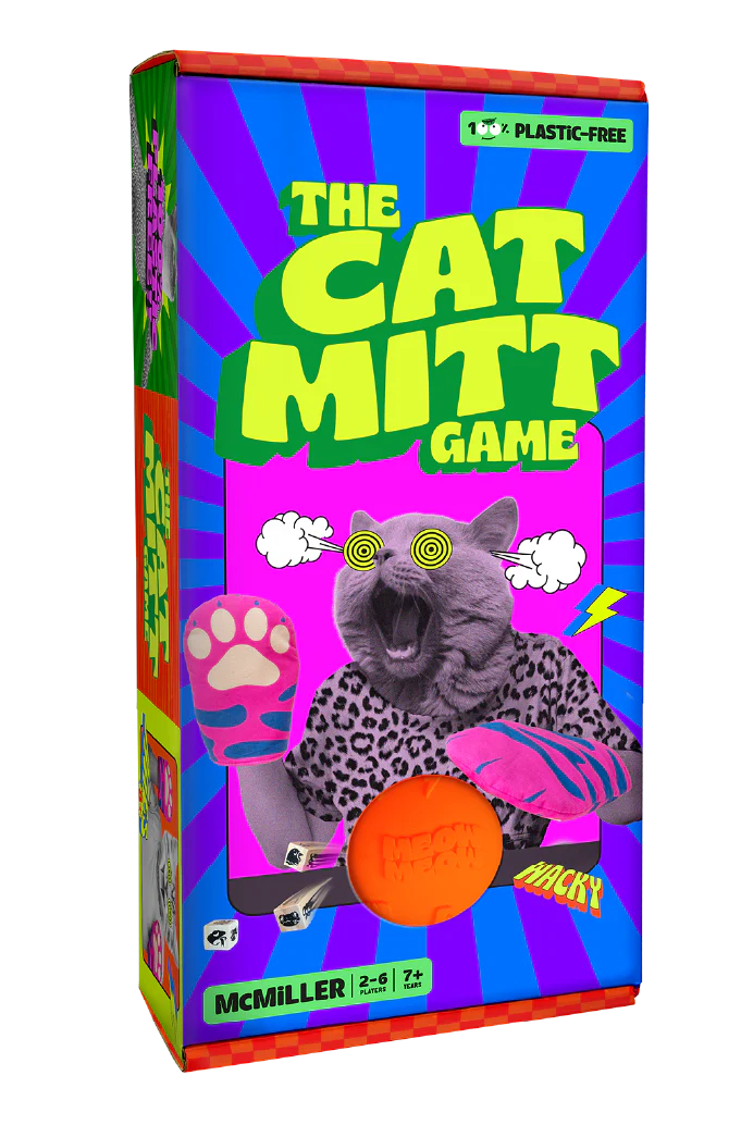 Colorful game box of The Cat Mitt Game featuring a cat with mitts and dice, plastic-free, for ages 7 and up.