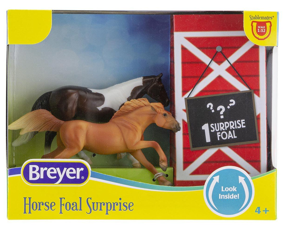 Horse Foal Surprise toy set with two horse figures in a red barn package