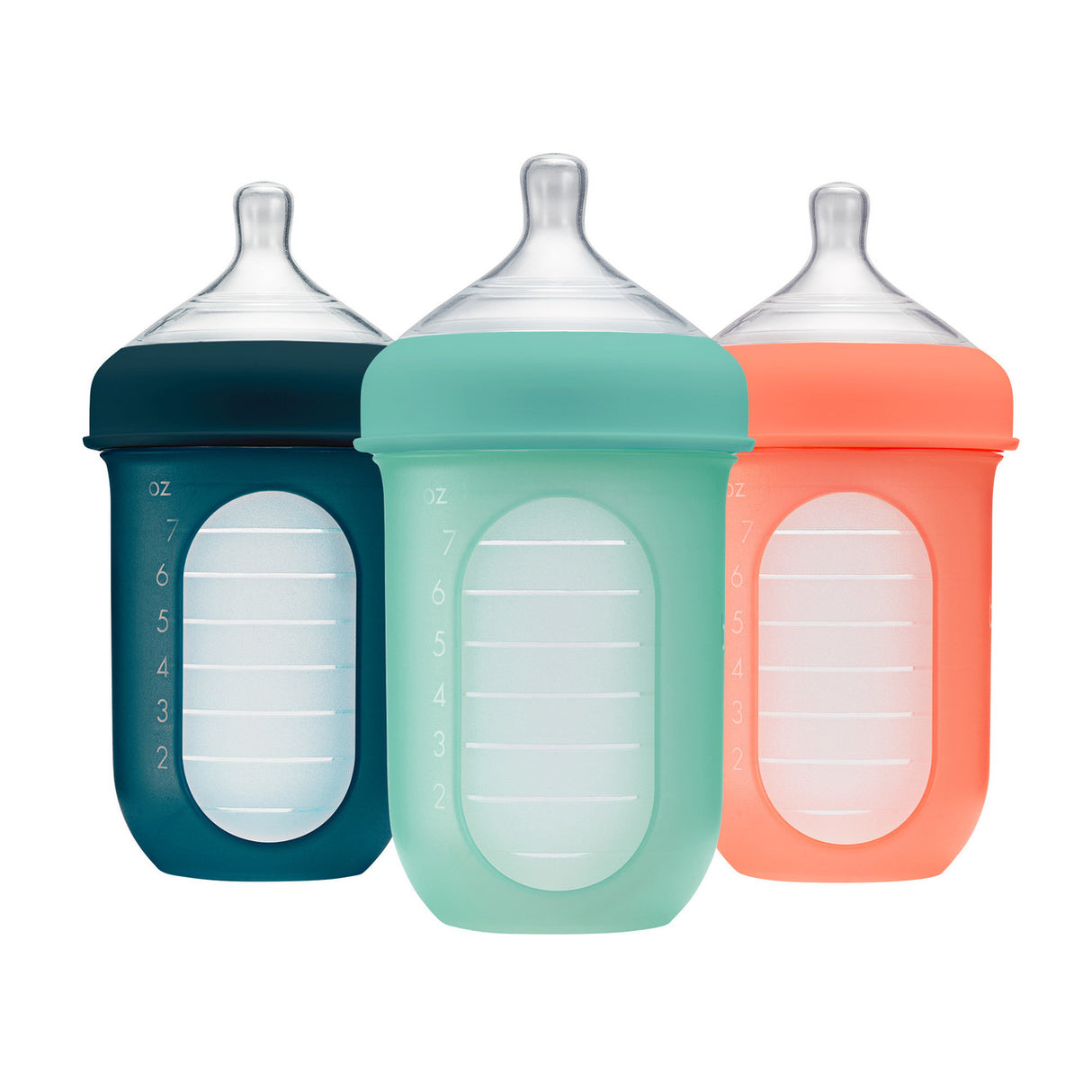 NURSE Silicone Bottles | Colors set of three air-free feeding silicone baby bottles in navy, green, and coral colors.