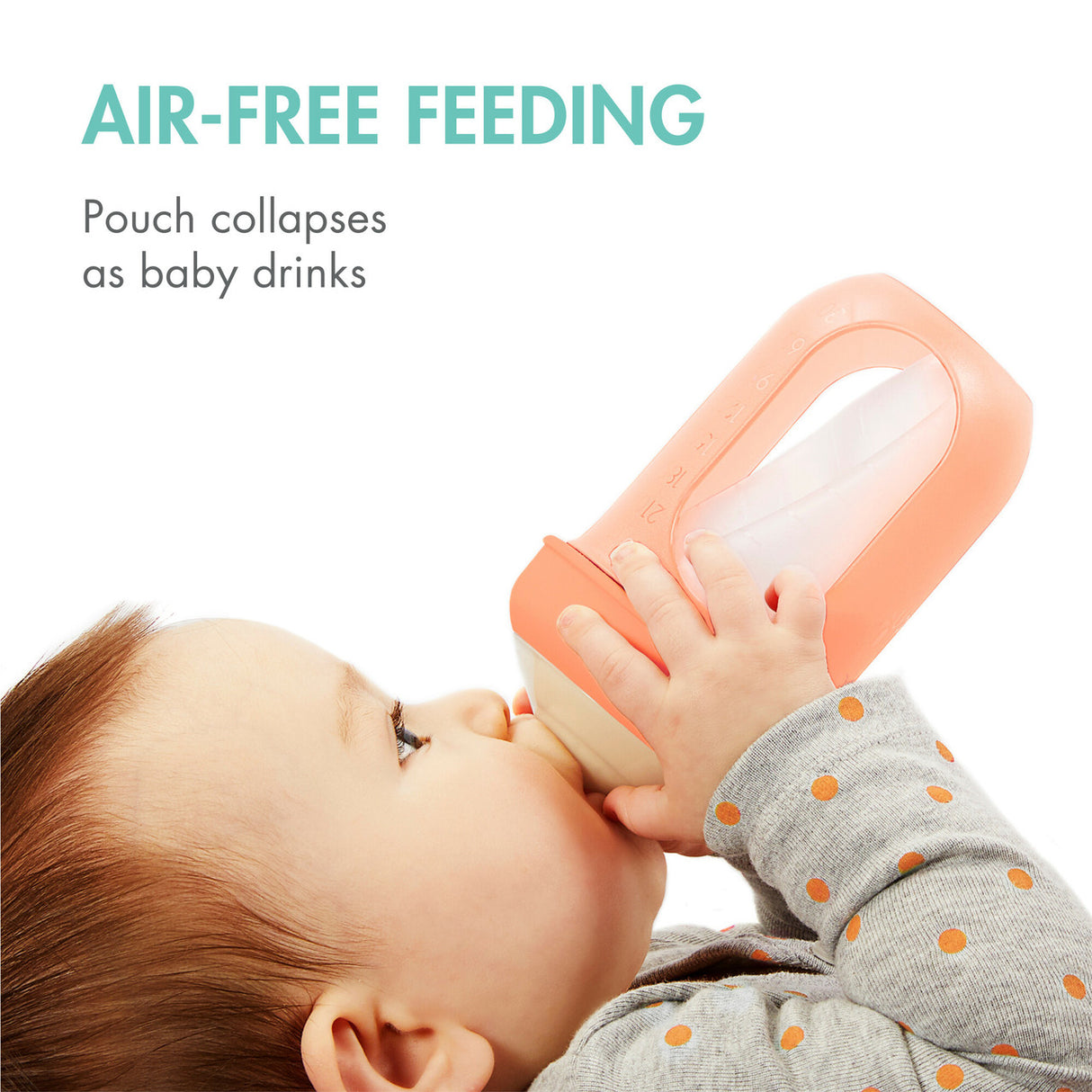 Baby drinking from NURSE Silicone Bottles | Colors with air-free feeding collapsible pouch design.