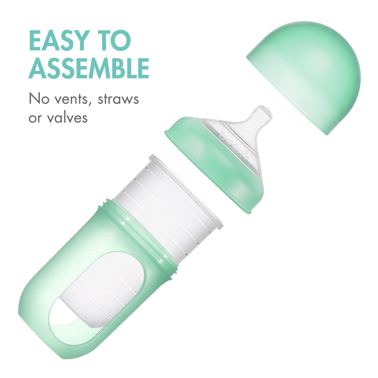 NURSE Silicone Bottles | Colors shown in soft green with easy-to-assemble parts, no vents, straws, or valves.