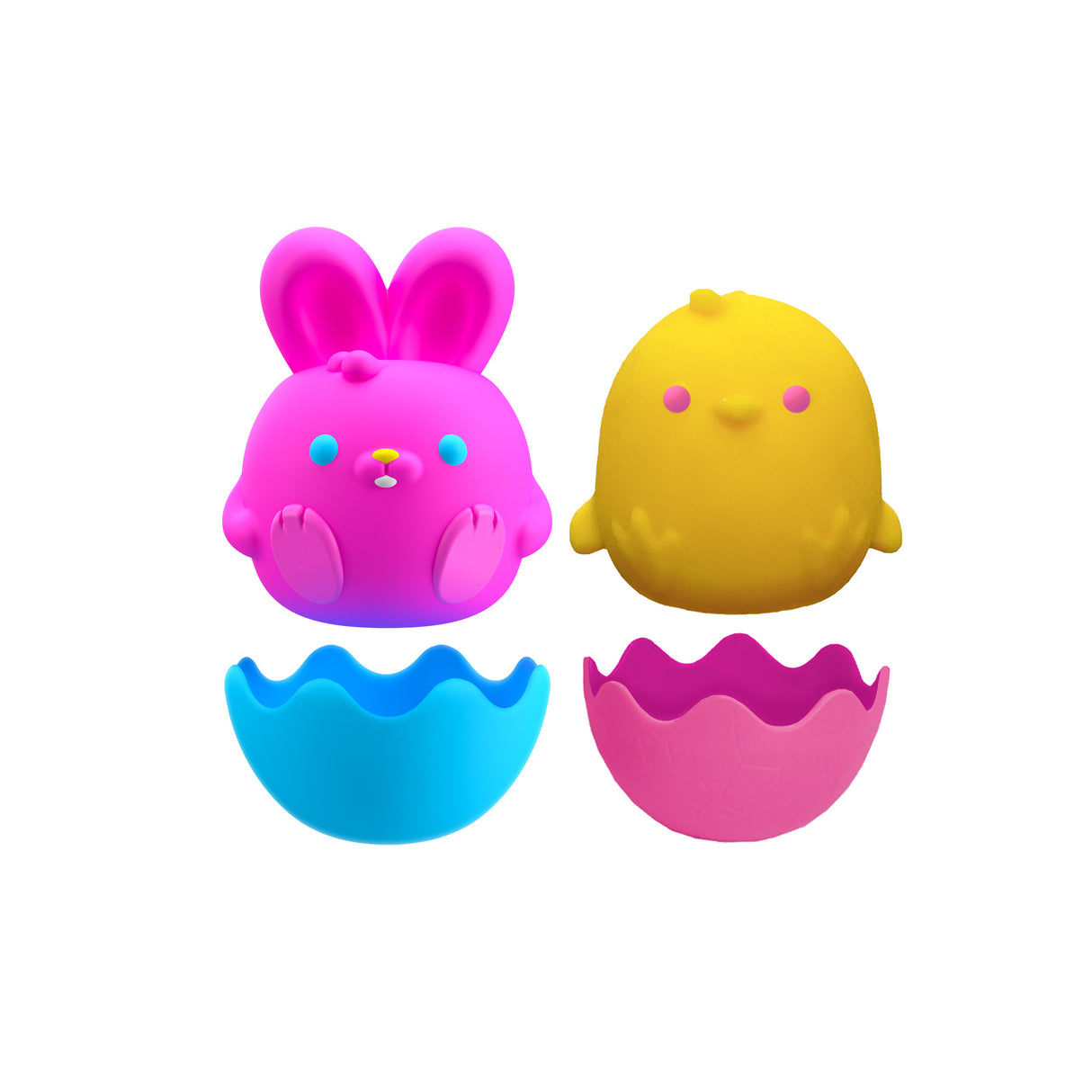 NeeDoh Easter Friend soft squeezable pink bunny and yellow chick with removable blue and pink eggshell stands.