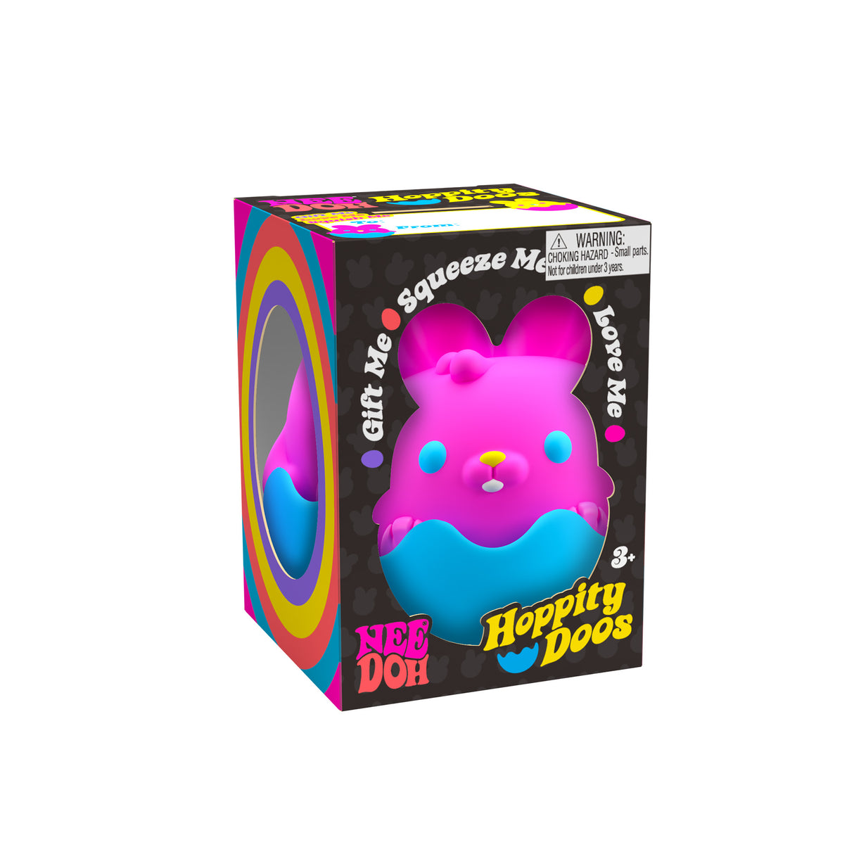 NeeDoh Easter Friend squishable pink bunny toy with removable eggshell stand in colorful packaging for kids 3+ years.
