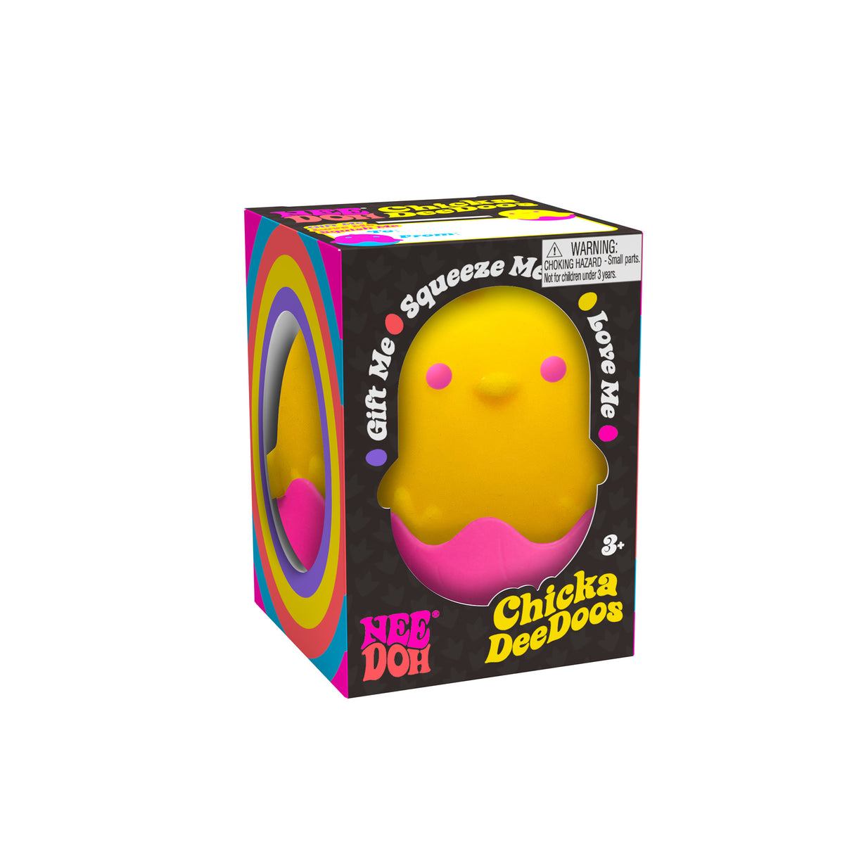 NeeDoh Easter Friend yellow chick squishable toy in pink eggshell display stand, soft and squeezable stress relief toy.