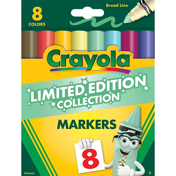 Markers 8 Pack Limited Edition featuring 8 retired Crayola crayon colors in broad line markers packaging.