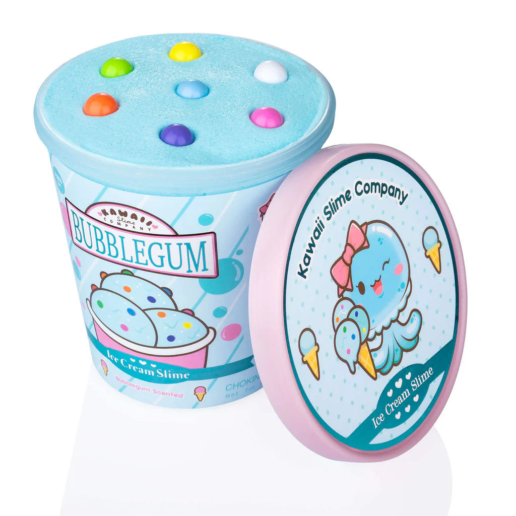 Bubblegum Ice Cream Slime in a blue pint with colorful slime dots and a cute octopus lid design.
