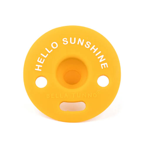 Pacifier | Hello Sunshine bright yellow soft silicone pacifier with breathable holes and clip attachment.