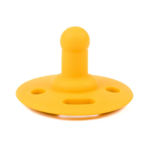 Pacifier | Hello Sunshine soft yellow silicone pacifier with breathing holes and parent-bonding nipple design.