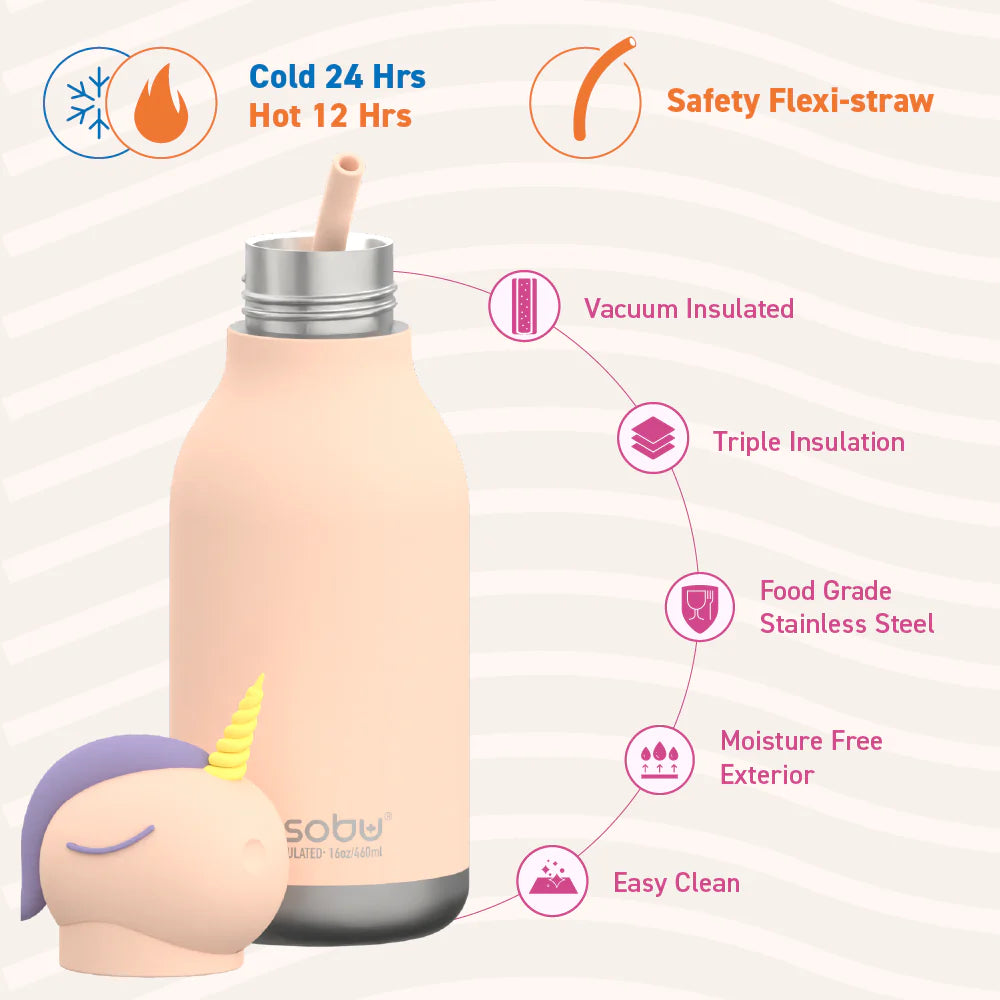 Asobu Water Bottle | Unicorn in pastel pink with safety flexi-straw and vacuum insulated stainless steel design.