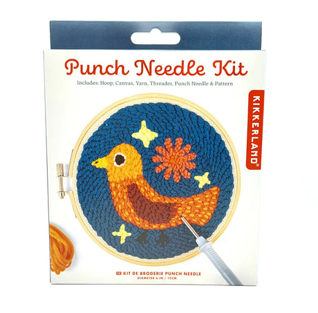 Punch Needle Kit | Bird showing a colorful bird punch needle art with bamboo hoop and punch needle tool.