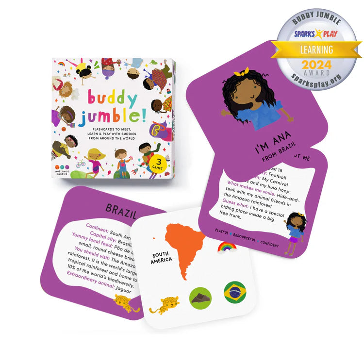 Example of cards and front of a game box called "Buddy Jumble! Flashcards to Meet, Learn & Play with Buddies From Around the World".