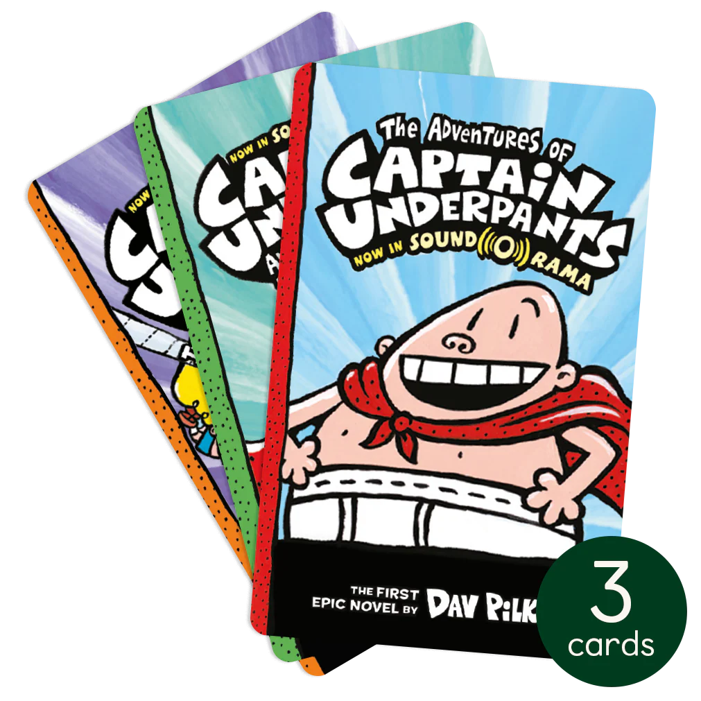 Three colorful Captain Underpants cards featuring the superhero in his iconic red cape and white briefs