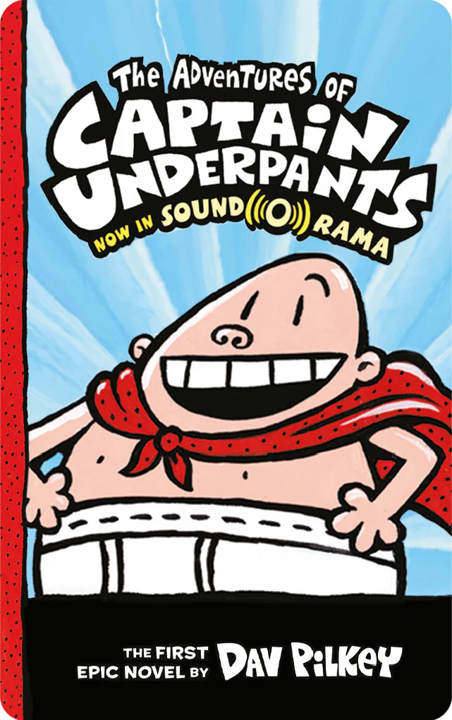 Captain Underpants grinning heroically with a red cape on a colorful comic book cover by Dav Pilkey