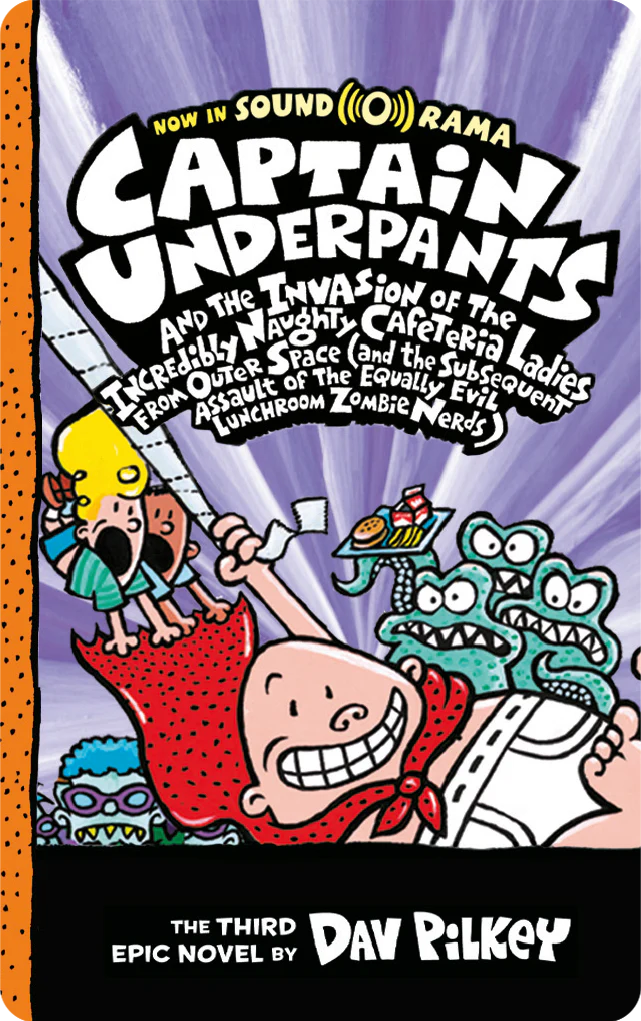Cover illustration of Captain Underpants and characters from the third epic novel by Dav Pilkey with a vibrant purple background