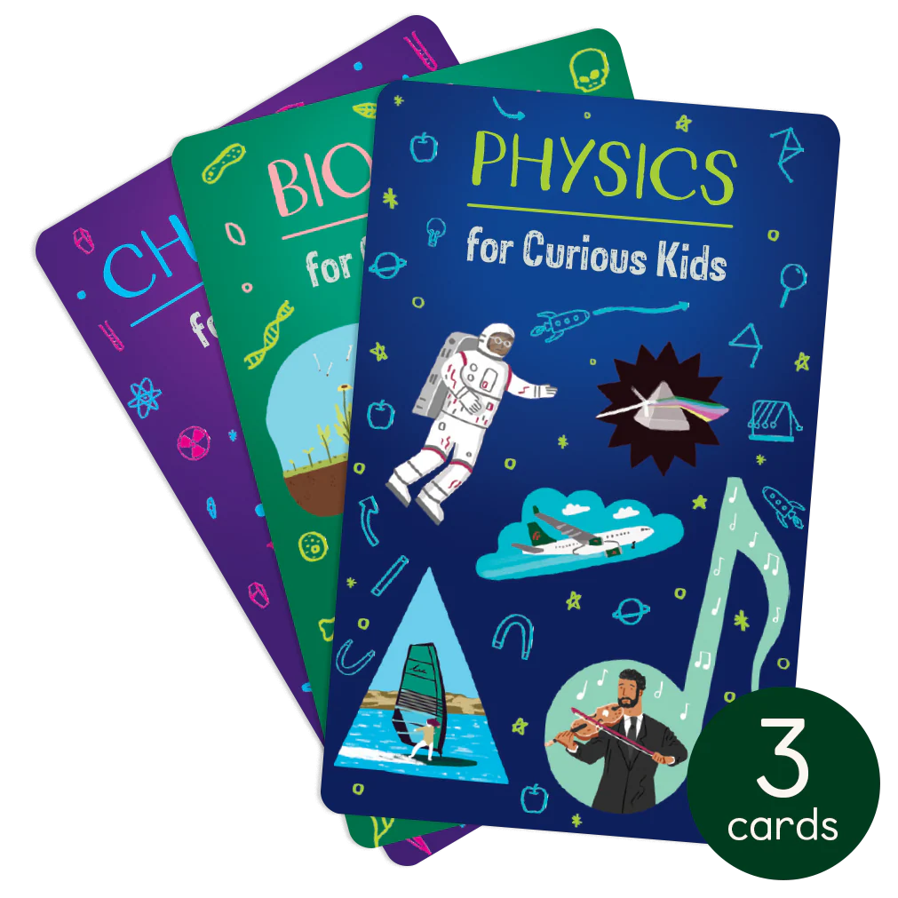 Three colorful educational cards about physics, biology, and chemistry designed for curious kids aged 8-12