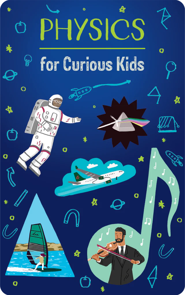 Illustration showing physics concepts like space, light prism, airplane, music, and windsurfing for curious kids